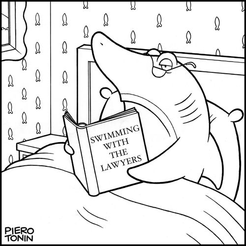A shark is reading a book entitled 'Swimming with the lawyers'.