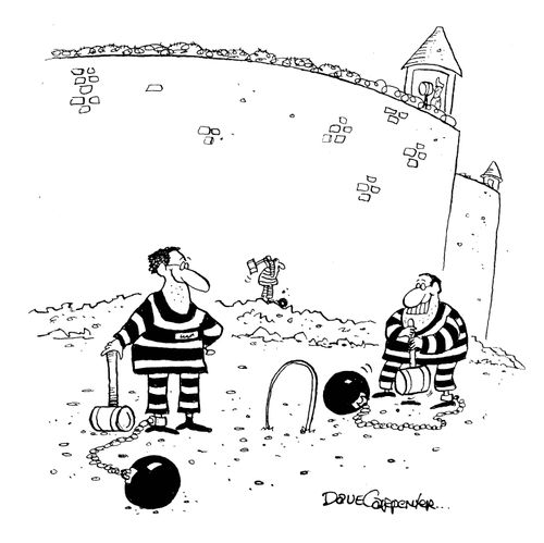 Prisoners playing croquet with their ball and chain.