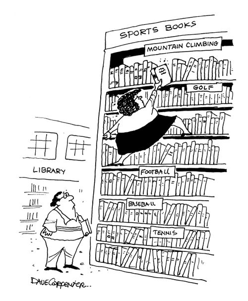 Library section 'Mountain climbing' with lady climbing up to it.