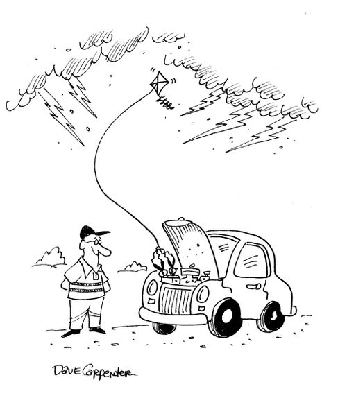 Man uses a kite in lightning to start his car.