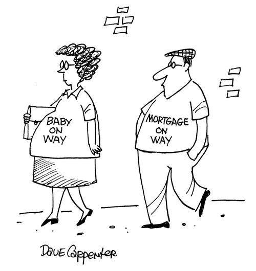 Pregnant woman with t-shirt 'Baby on way'; Man with t-shirt 'Mortgage on way'.