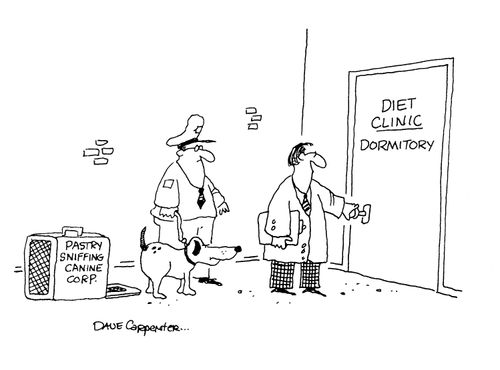 'Pastry sniffing canine corporation' entering a 'Diet clinic dormitory'.