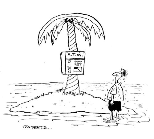 Man comes across desert island which has an ATM.