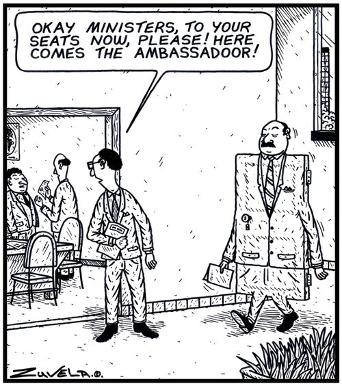 Government PR: 'Okay Ministers,to your seats now,please! Here comes the Ambassadoor!' / An Ambassador in the form of a Door