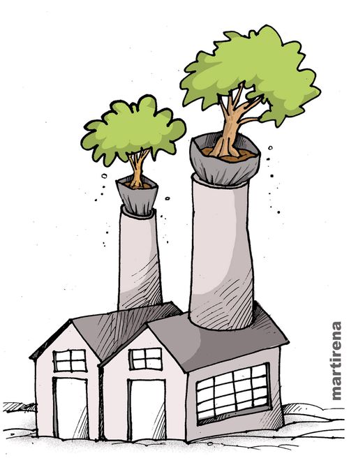 Trees growing from factory chimneys.