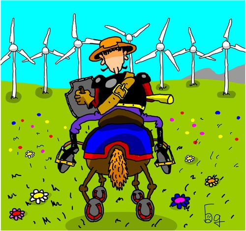 Don Quijote attacking wind power plant.
