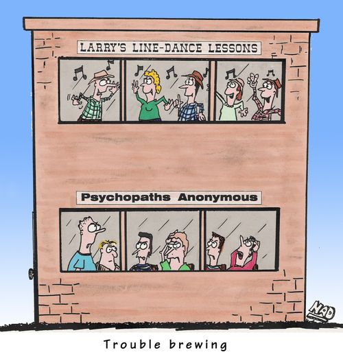 Trouble brewing as Larry Line-Dancing Lessons begin to annoy the Psychopaths Anonymous weekly meeting.