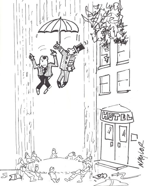 Posh man jumps out of a burning building into a rainstorm with a doorman holding an umbrella for him.