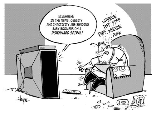 'Elsewhere in the news, obesity and inactivity are sending baby boomers on a downward spiral!'