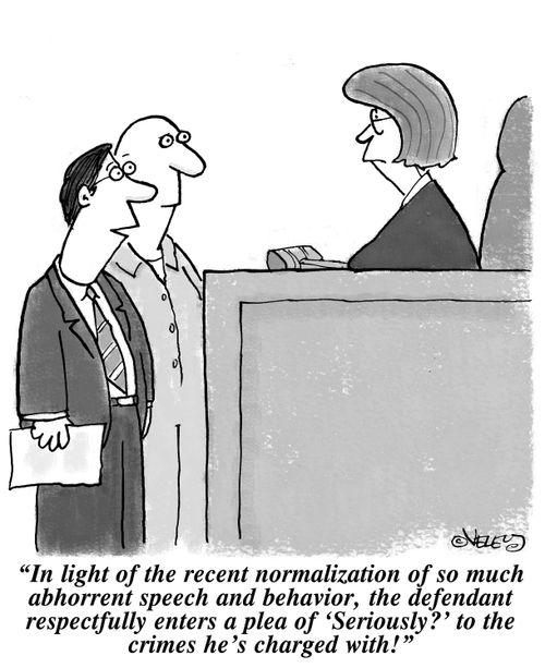 "In light of the recent normalization of so much abhorrent speech and behavior, the defendant respectfully enters a plea of "Seriously?" to the crimes he's charged with!"