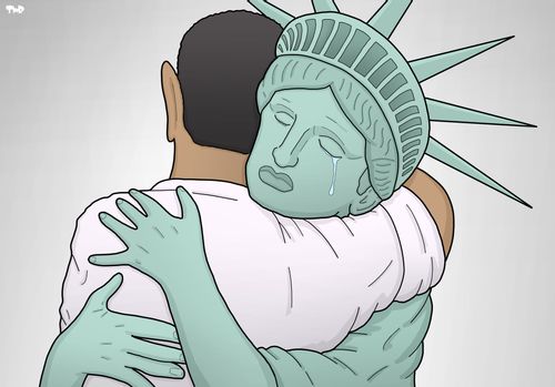 Statue of Liberty hugs Obama goodbye.