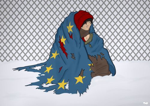 A refugee and her infant are covered by a tattered EU flag.