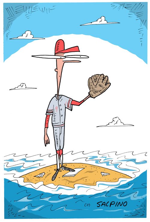 A pitcher is stranded on the mound.