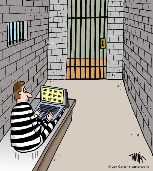 A prison inmate is typing prison tally marks in his laptop computer.