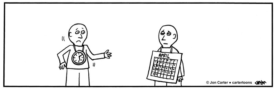 One man is wearing a clock around his neck, while another is wearing a calendar.