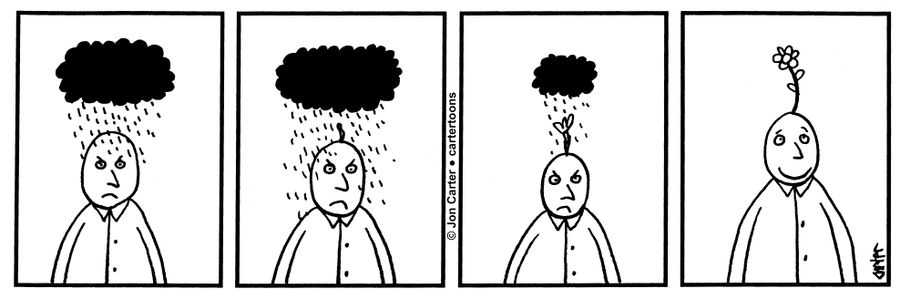 Man has a storm over his head, which ends up growing a flower on his head.