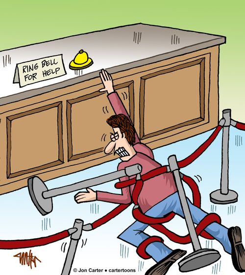 Customer tangled up in velvet rope is trying to ring bell for help.
