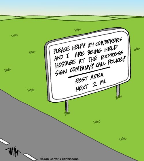 'Please help! My coworkers and I are being held hostage at the Express Sign Company! Call police!'
