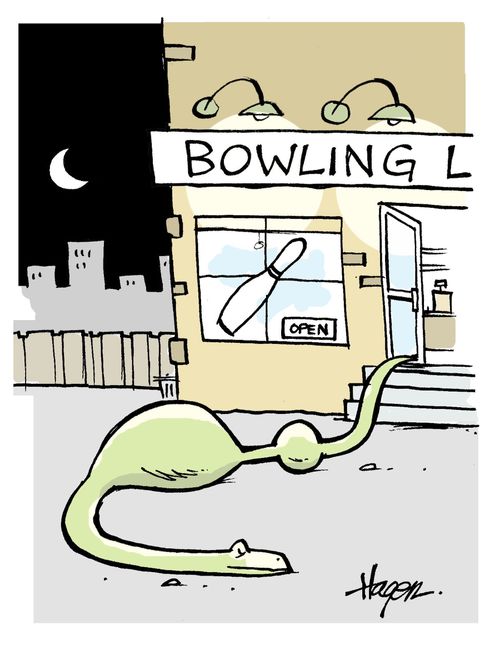 Snake leaving bowling alley with bowler and ball.