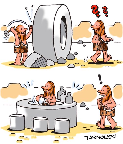 Caveman turning the wheel into a bar.