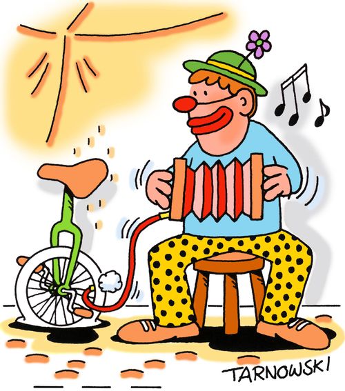 A clown inflates a tyre while playing an accordion.