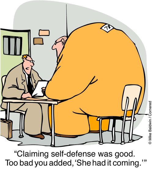 "Claiming self-defence was good. Too bad you added, 'She had it coming."