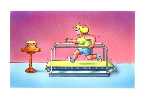 Woman on running machine next to a cake.