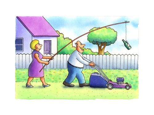 Woman coaxing husband into mowing lawn by dangling a bottle of beer in front of him.