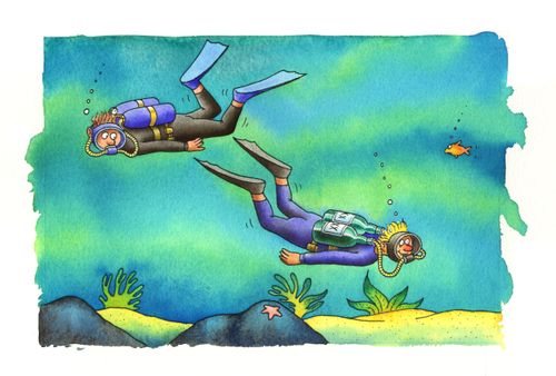 Scuba diver using beer rather than air.