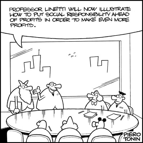 Professor illustrating how to put social responsibility ahead of profits.