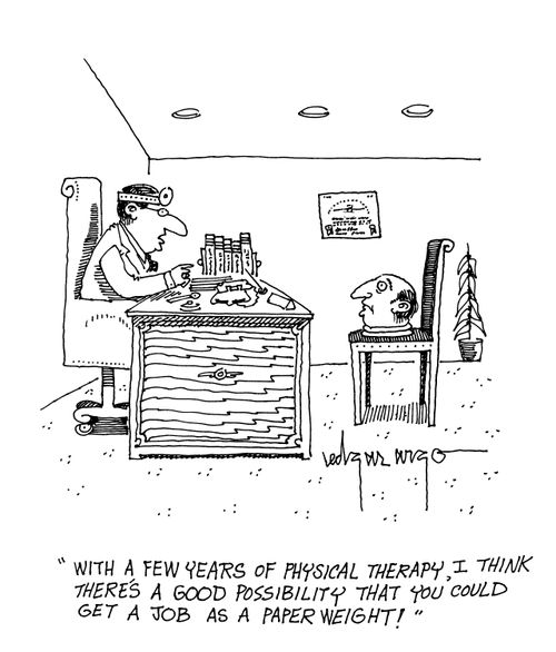 'With a few years of physical therapy, I think there's a good possibility that you could get a job as a paperweight!'