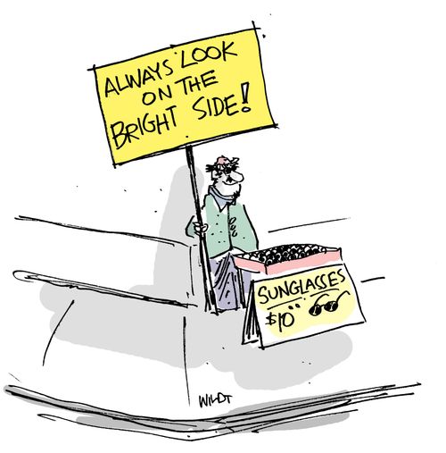 Man who looks on bright side sells sunglasses.