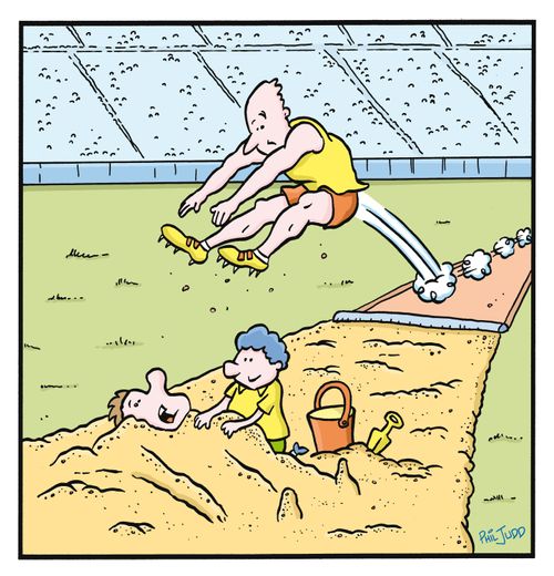 Long jumper in mid air realizing there is a kid burying his dad in the sandtrap like at beach.