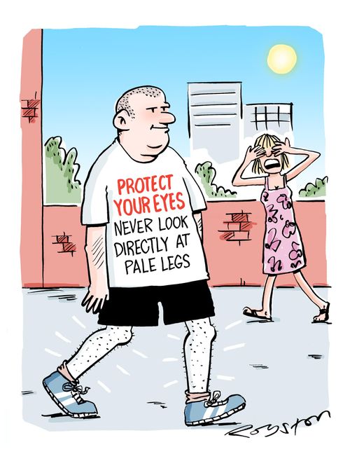 Man's T-shirt says: 'PROTECT YOUR EYES: Never look directly at pale legs.'