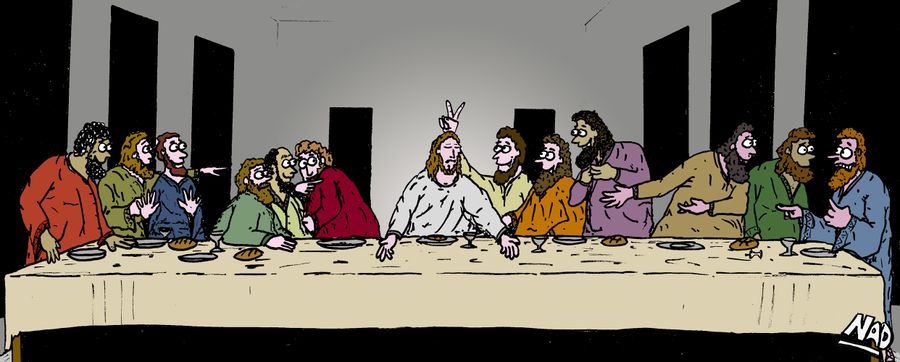 One of the disciples fools around at the Last Supper.