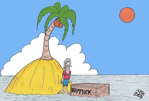 Castaway on a desert island with one tree finds a hammock.