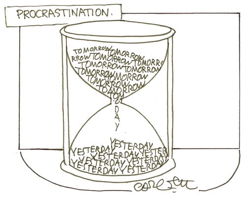 Procrastination hourglass: 'tomorrow...yesterday'.