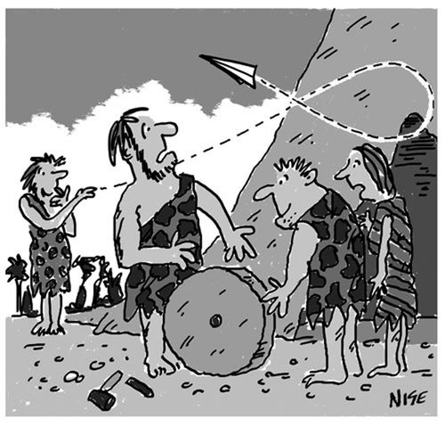 Caveman who has just invented the wheel is amazed to see a paper airplane demonstrating the principle of flight.