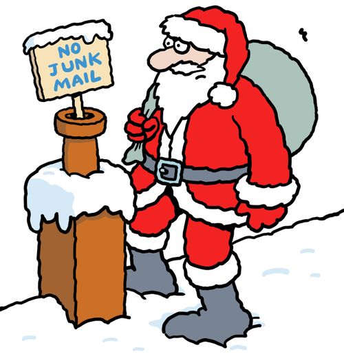 Santa on roof foiled by blocked chimney: 'No Junk Mail.'