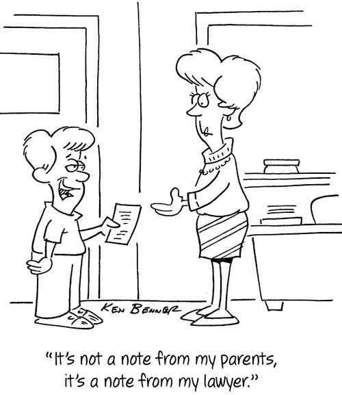 "It's not a note from my parents, it's a note from my lawyer."