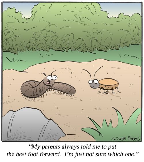 "My parent always told me to put the best foot forward.  I'm just not sure which one."