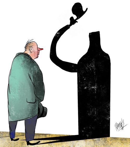 An alcoholic sees a bottle in his shadow.