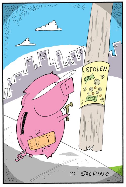 A piggy bank hangs up a 'stolen' sign.