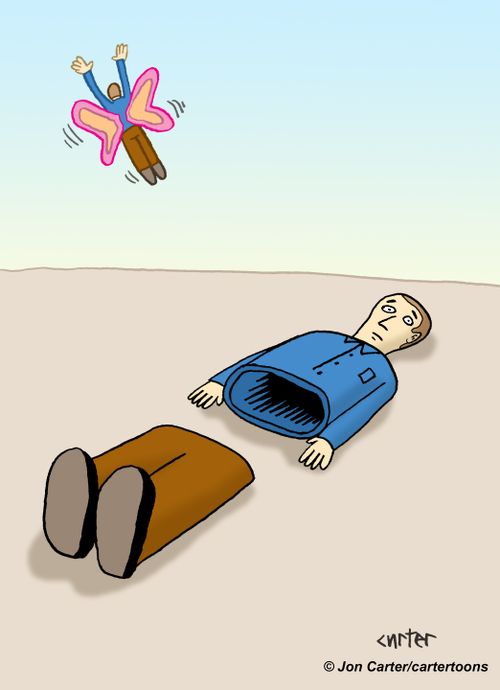 Butterfly man emerges from regular man shell.