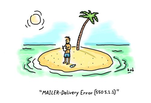 Man on island e-mail error message.