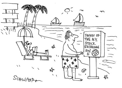 'Sounds of the NYSE, 50c' on sale on a beach.