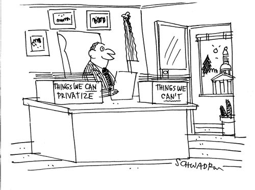Desk boxes - 'Things we can privatize' and 'Things we can't'.