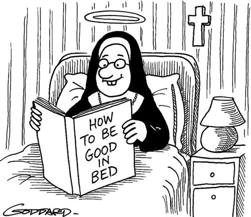 Nun reading book titled 'How to be good in bed.'