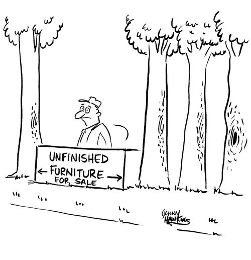 Man next to trees selling Unfinished Furniture.
