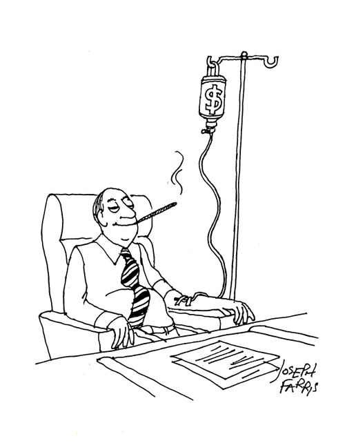 Man having dollars fed into his arms via IV drip.